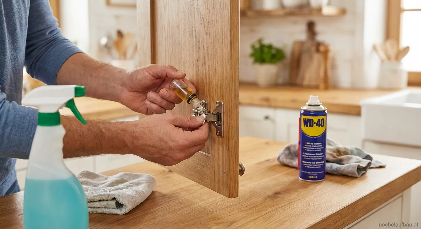 Person beim Ölen von Schranktürenangeln mit Spraydose
